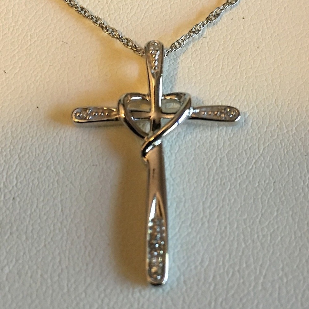 Sterling Silver Genuine Diamond Heart Cross
